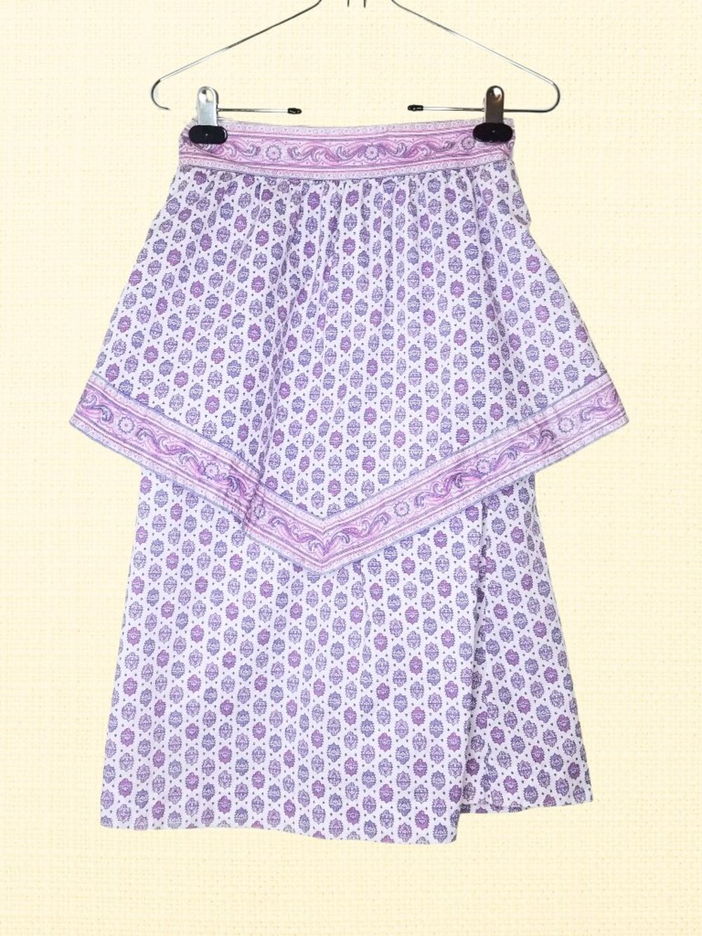 1980s Valdrome Tiered Midi Skirt White with Purple Pattern / Accents